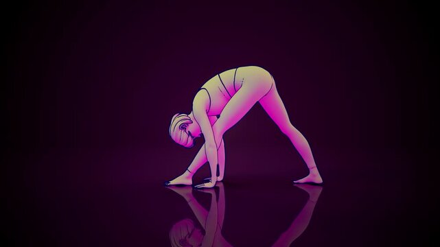 Conceptual 3D animation of a woman practicing yoga uttanasana