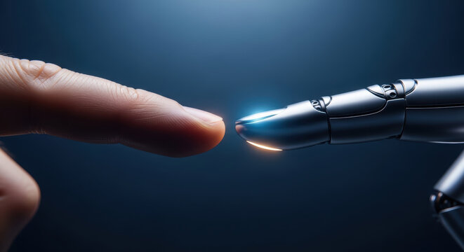 Human finger and robot finger almost touching with glowing light symbolizing ai ethics data privacy connection