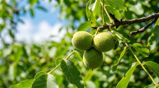 Three green walnuts ripening on a tree branch with lush leaves in a sunny orchard
