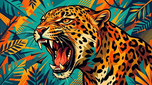 Aggressive Roaring Leopard Jungle Vector Art