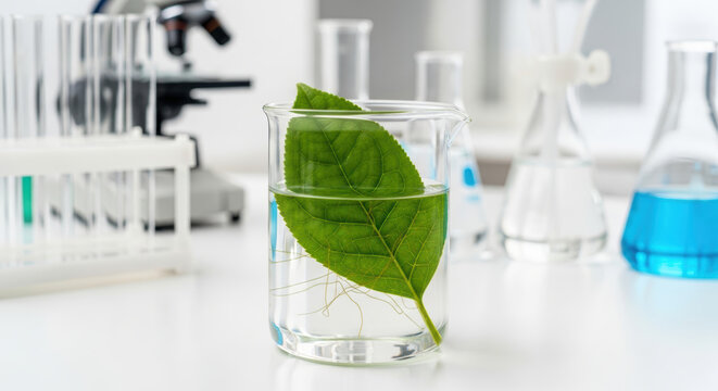 Green leaf in clear liquid for anti aging science research in laboratory with microscope and glassware