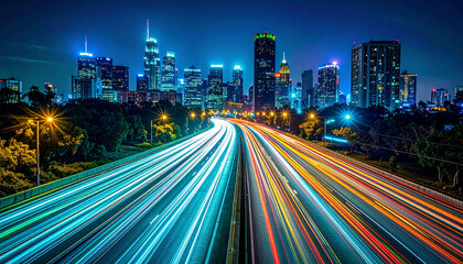Obraz premium Long exposure cityscape with vibrant teal and emerald light trails from traffic, illuminated skyscrapers, urban skyline, night scene, energetic and dynamic atmosphere