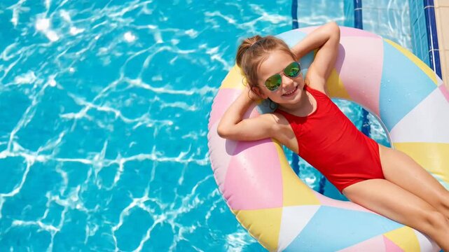 Top view of a happy little girl relaxing on a colorful inflatable ring in a swimming pool with copy space, wearing sunglasses and a red swimsuit on a sunny summer day.