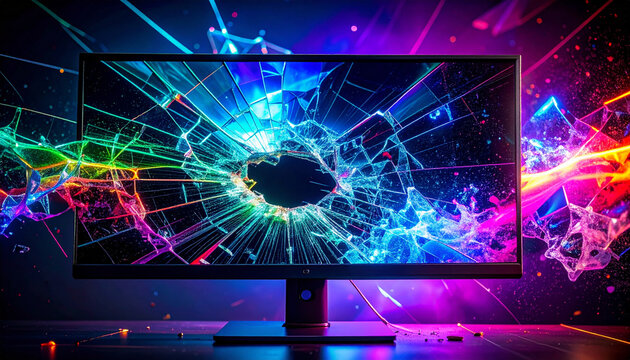 Shattered monitor screen vibrant neon color macro photography dark background glowing liquid digital art dramatic technology broken glass abstract style