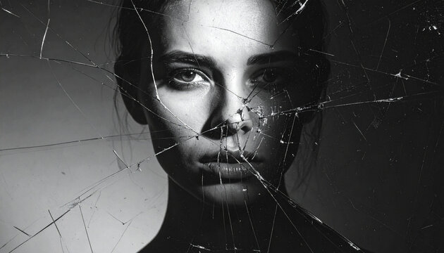Broken glass female face dramatic lighting emotional monochrome portrait cracked surface intense gaze artistic moody expression. woman face is seen through shattered glass creating dramatic