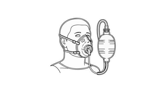 Line art illustration of a person wearing an oxygen mask connected to a breathing bag