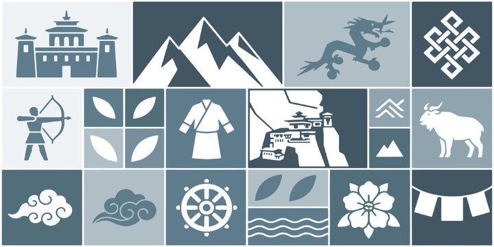 Collection of Bhutanese cultural symbols and landmarks in a mosaic design.