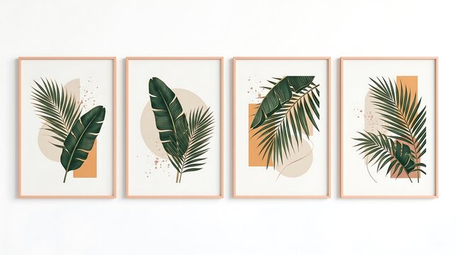 Quadriptych Gallery Wall Mockup Featuring Four Wooden Frames With Tropical Green Palm Leaves And Banana Fronds On Warm Terracotta Geometric Backdrop Shapes