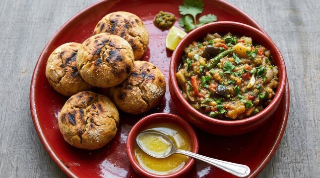 Traditional bihari litti chokha served with melted ghee and spicy vegetable mash on a red ceramic plate