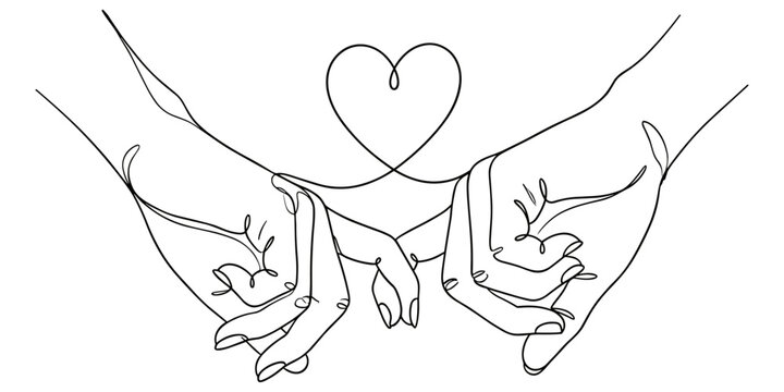 Pinky Promise Illustration. Creative line art of two hands holding pinky fingers with a heart symbol. Vector illustration.