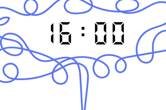 digital clock showing 16:00 with blue abstract lines on a white background