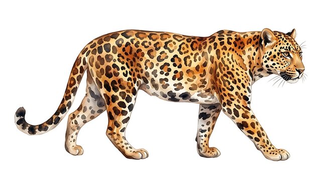 Watercolor Leopard Walking Profile Illustration