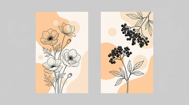 Diptych floral canvas posters featuring anemone blossoms and elderberry branches over soft apricot watercolor blobs