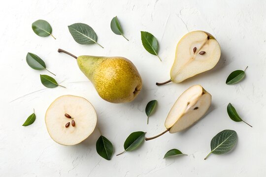 Fresh organic pears arranged elegantly on a clean textured white background featuring one whole fruit alongside two sliced pieces surrounded by small green leaves to highlight natural healthy ingredie