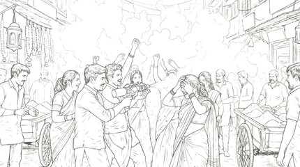 Fototapeta premium Coloring page of dancing couple in lively street center, surrounded by joyful crowd — festive atmosphere of Indian celebration