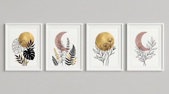 Quadriptych set of white matted wall frames showcasing bohemian celestial crescents and golden full moons combined with intricate botanical ink illustrations for residential styling