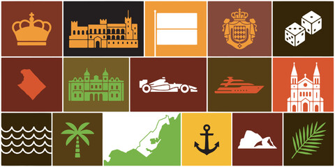Fototapeta premium Collection of Icons Representing Monaco's Landmarks, Culture, and Lifestyle.