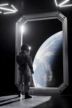 3D astronaut planet window view inside orbital station