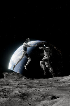 3D astronaut robot lunar jump above planet horizon