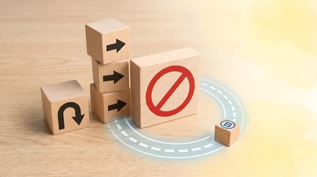 Strategic business choice concept with wooden cubes showing path blockage and redirection.