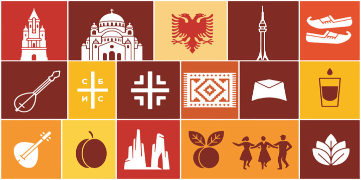 Collage of Serbian cultural symbols and landmarks, including architecture, traditional items, and national emblems.
