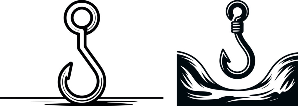 Fishing hook illustration one in water fish hook fishing gear black and white line art below surface above surface piercing water recreation