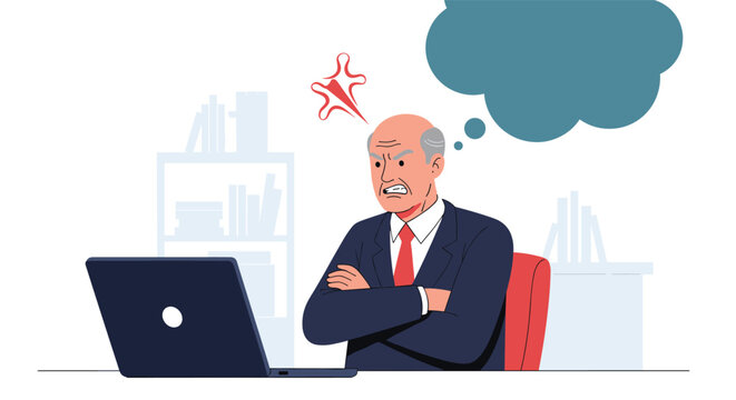 Stressed and angry businessman in a suit sitting at his desk and reacting with frustration to content on his laptop computer screen.