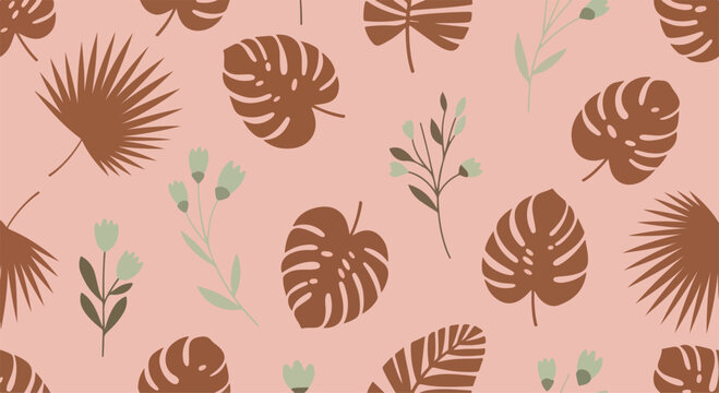 Tropical monstera leaves and fan palms in pastel pink seamless pattern with green foliage accents