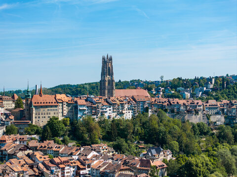 Aerial view of St-Nicolas Cathedral rising above the historic old town with its red-tiled rooftops and lush green trees under a clear blue sky in Fribourg, Fribourg, Switzerland.