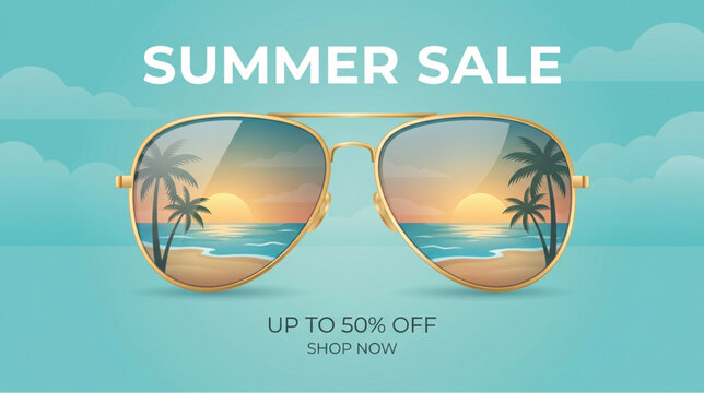Golden Aviator Sunglasses Reflecting Tropical Sunset Scene, Perfect for Exclusive Summer Season Sale Promotion