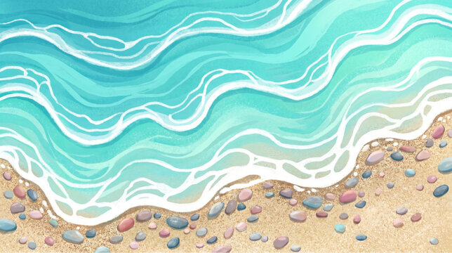 Ocean waves gently washing over a pebbly shore in a beautiful coastal nature illustration