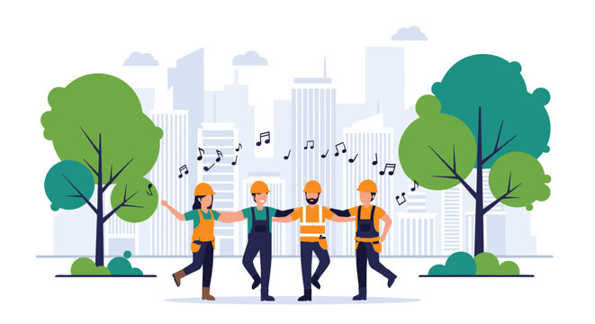 Group of four construction workers in orange safety vests and hard hats dancing joyfully in a park with a city skyline in the background.