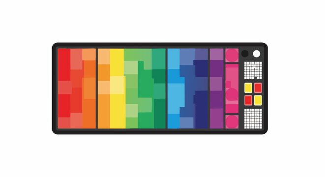 Abstract Vector Illustration of a Rainbow Color Palette and Digital Interface Controller with Pixels and Buttons Isolated on White