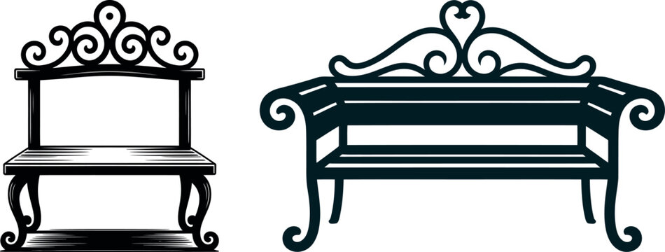 Ornate wrought iron bench and ornate mirror frame vector illustrations with outdoor furniture dressing table black and white art nouveau furniture