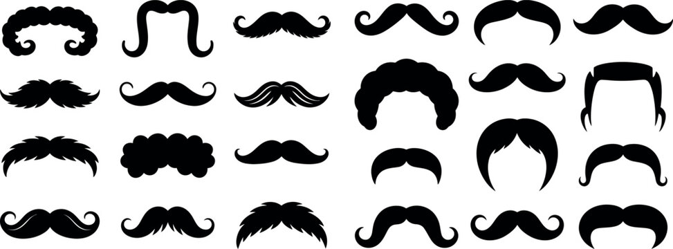Collection of vector mustache styles for men with facial hair black and white mustache illustration collection gentleman character attitude