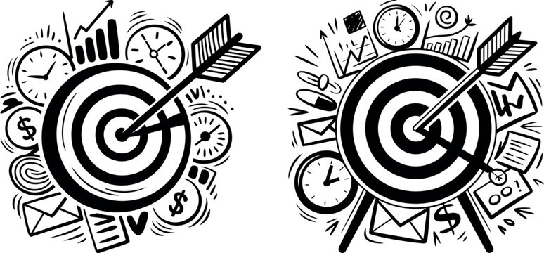 Business goal achievement: target with arrow and clock charts mail money symbols dollar sign achievement bullseye dartboard business strategy