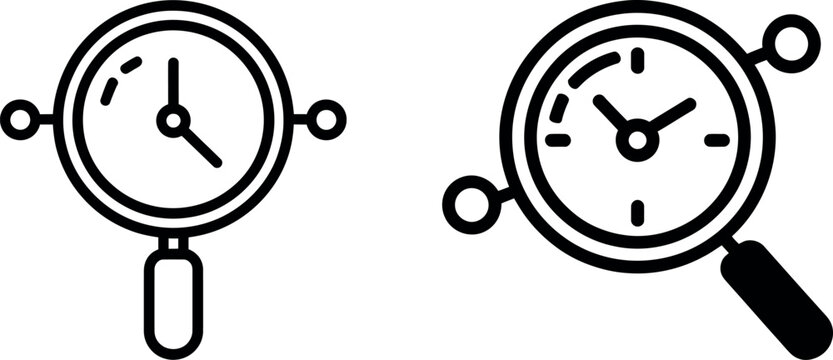 Magnifying glass over a clock face vector icons with investigate illustration minimalist duration schedule deadline clockwork mechanism