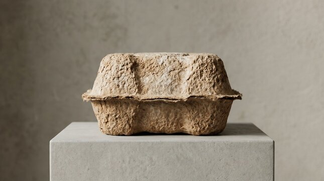 Sustainable eco-friendly molded pulp packaging box on a concrete podium.