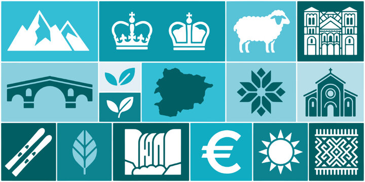 Collection of Icons Representing Andorra's Culture, Nature, and Economy.