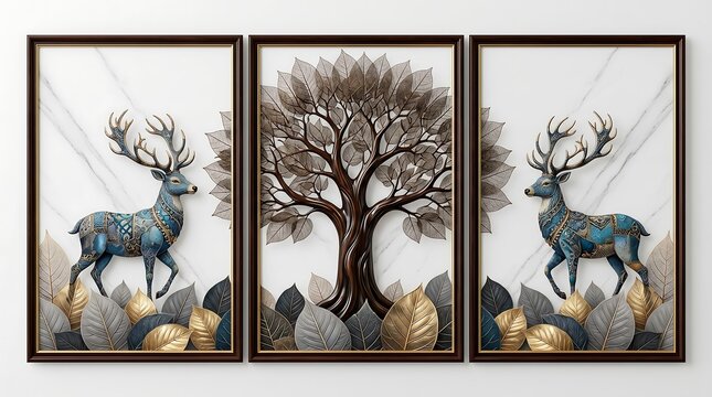 Cinematic three panel triptych wall art featuring elegant metallic deer and a majestic golden tree with layered leaves over a modern marble background