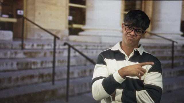 Man in striped shirt with folded arms and pointing finger on stone steps of a building wearing glasses; skepticism.