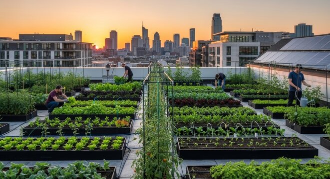 Urban rooftop farm with rows of fresh produce and city skyline at sunset