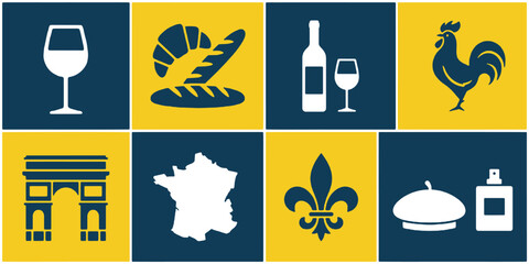 Collection of French cultural icons and symbols presented in a grid of yellow and blue squares. © Riki
