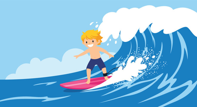 Happy young boy with blonde hair surfing skillfully on a bright pink board on a large blue ocean wave under a clear sunny sky.