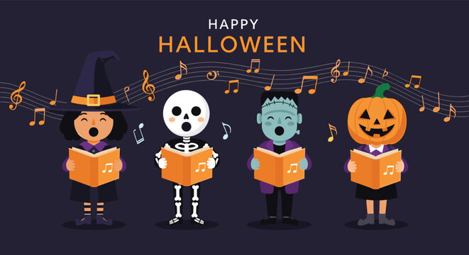 Group of adorable children in halloween costumes such as a witch and skeleton singing carols from books during a spooky choir.