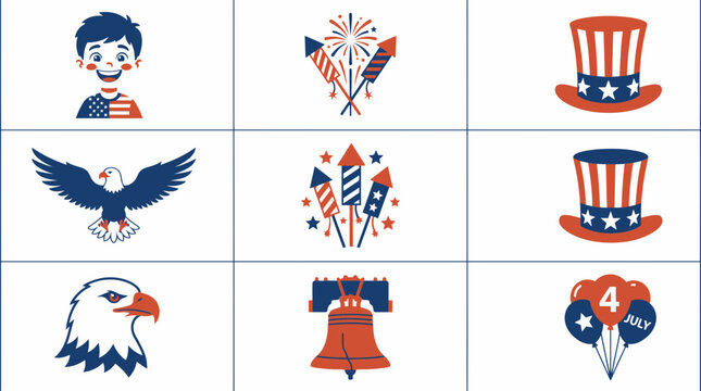 USA Independence Day Fireworks and Liberty Bell Vector Icons