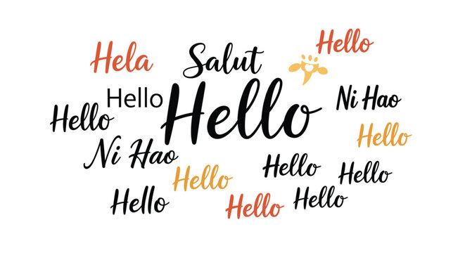 Typographic word cloud of the word Hello in various languages and styles featuring Hela, Salut, and Ni Hao on a white background.