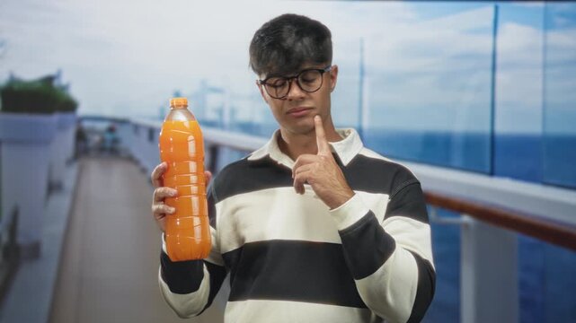 Man wearing glasses and striped sweater holding orange juice bottle in left hand and pointing index finger on ship deck with railing and ocean view; skeptical contemplation.
