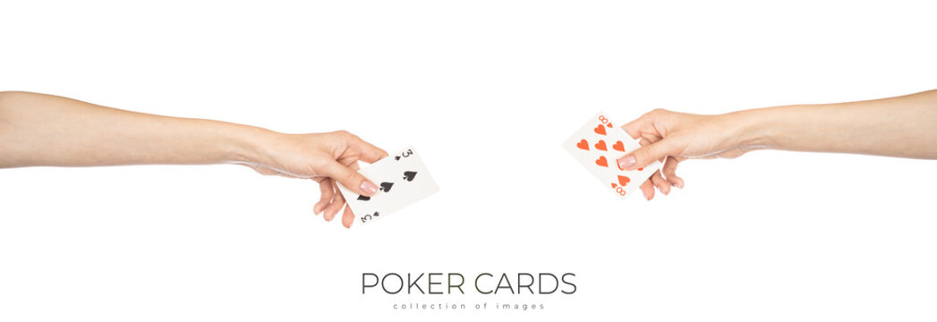 Playing cards in hand isolated on white background