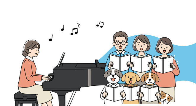 Woman plays a grand piano while a group of people and their pet dogs participate in a fun choir practice session together.